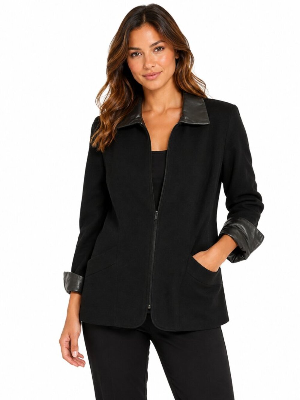LIMITED 100% Wool Shell Genuine Leather Trim Full Zip Collared Blazer Size 6